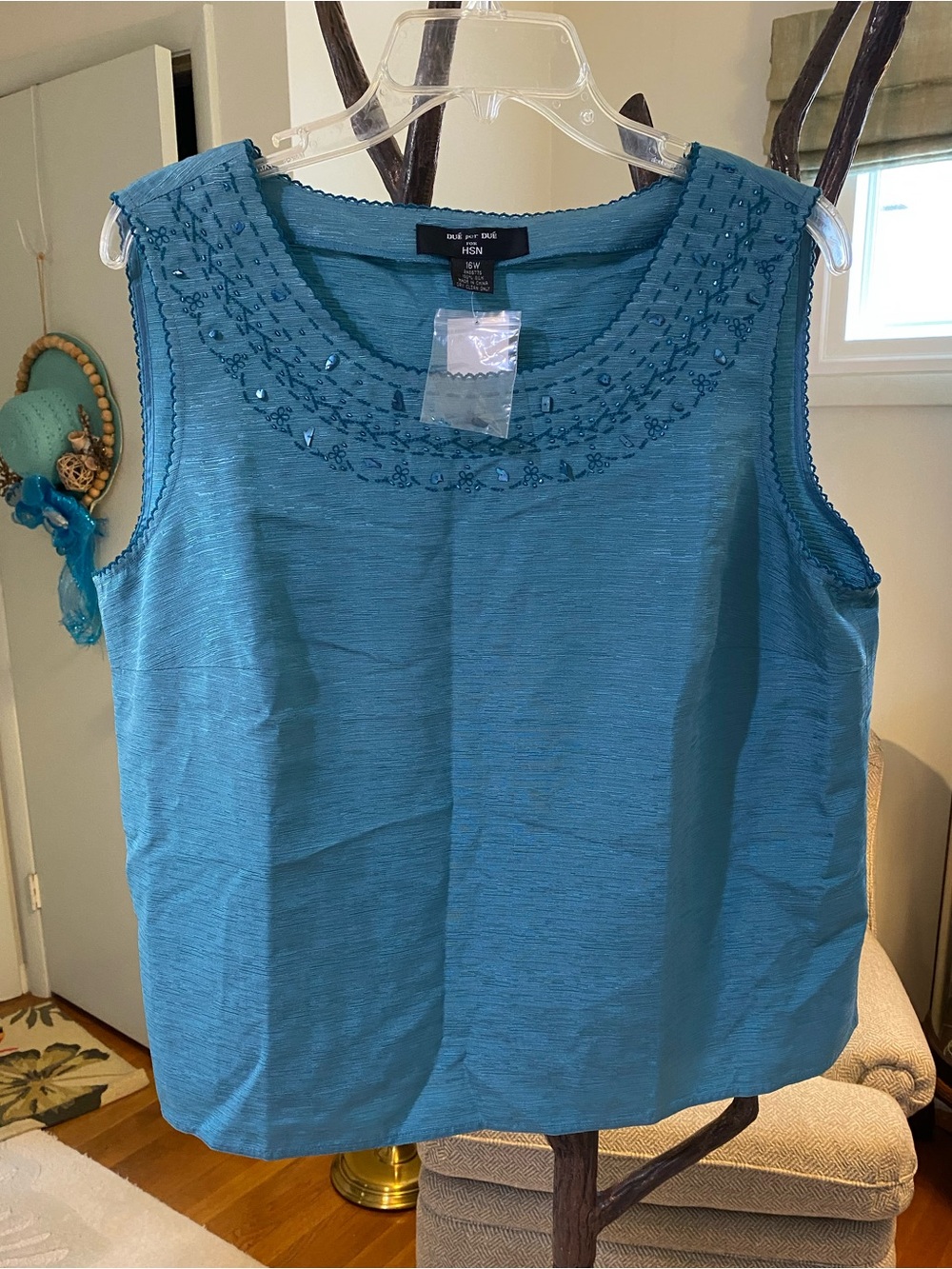 Women's Silk Sleeveless Embroidered Neck Tank - Teal Blue Beaded neckline